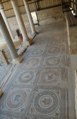 Une partie de la mosaïque qui recouvre le sol de la coursive intérieure qui dessert les pièces de la Villa Romana del Casale